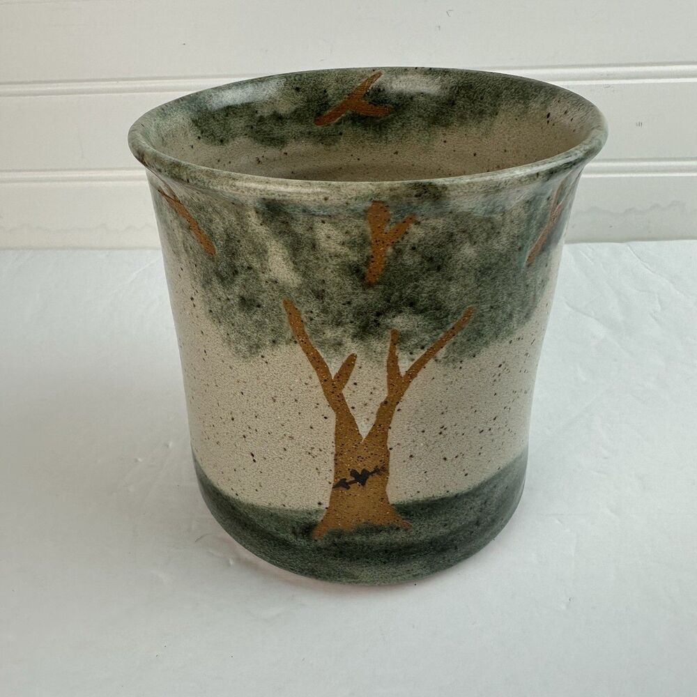 Artisan Utensil Holder Stoneware Art Pottery Crock Painted Tree Green Brown Boho